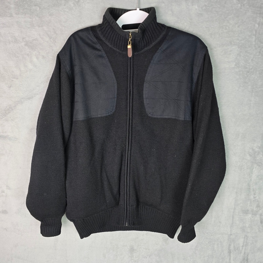 Orvis Mens Black 100% Wool Full Zip Shooting Sweater Plaid Lined Small Mock Neck